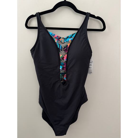 NWT Bleu by Rod Beattie Women's Plunge-Neck One-Piece Swimsuit in Black SZ 12 - Picture 5 of 5